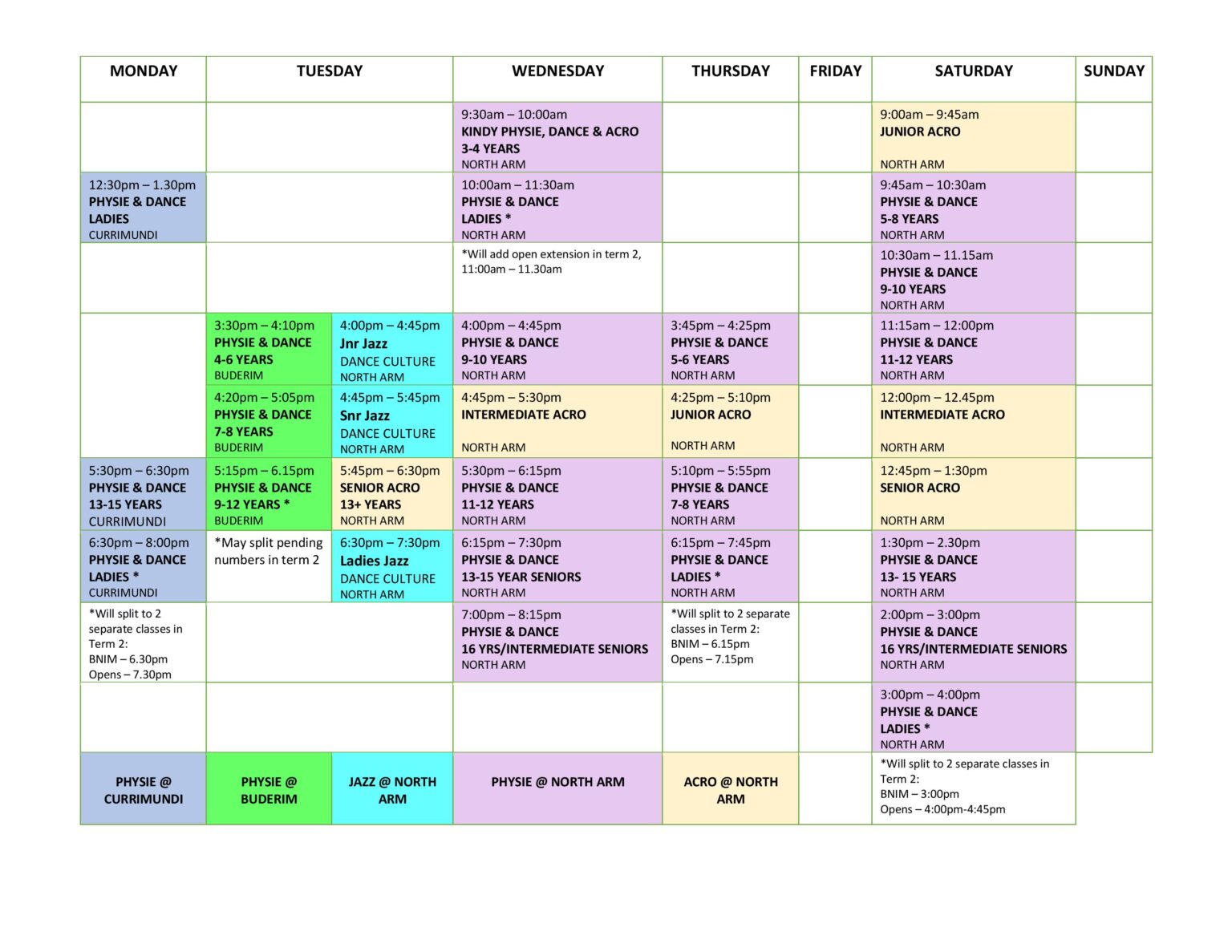 Timetable – Sunshine Coast Physie & Dance